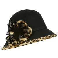 Bucket Hats – 12 PCS 100% Wool w/ Feather Flower & Leopard Print Trim - Black - HT-CC12-1BK
